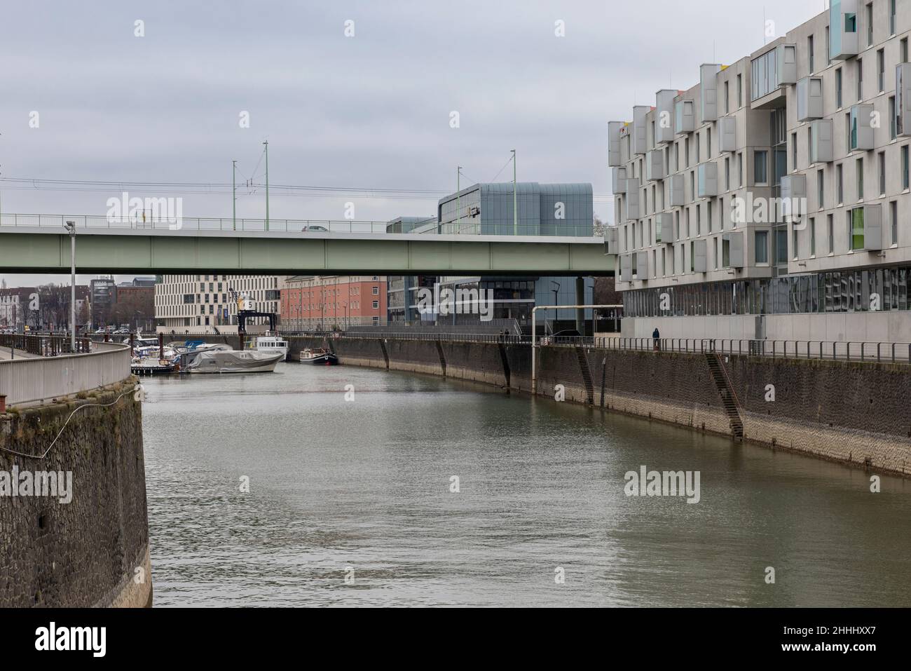 Barche da diporto ormeggiate nel porto di Rheinau sul fiume Reno a Colonia Foto Stock