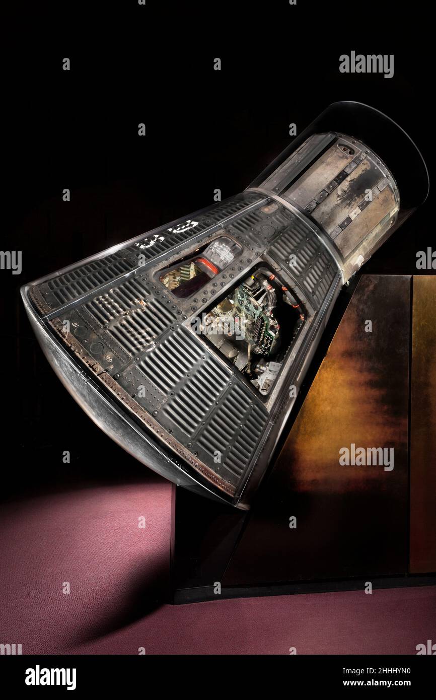 Mercury Capsule, ma-6, Friendship 7 veicolo spaziale orbitale pilotato dall'astronauta americano John Glenn nel 1962 Foto Stock