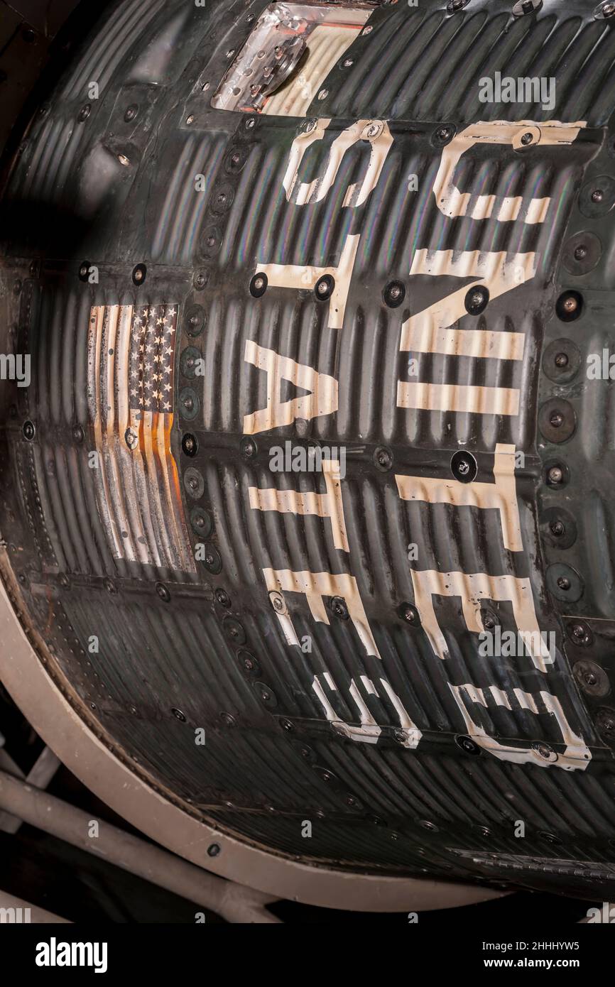 Marcature esterne della capsula di Mercury, ma-6, amicizia 7 nave spaziale orbitale presidiata pilotata dall'astronauta americano John Glenn nel 1962 Foto Stock