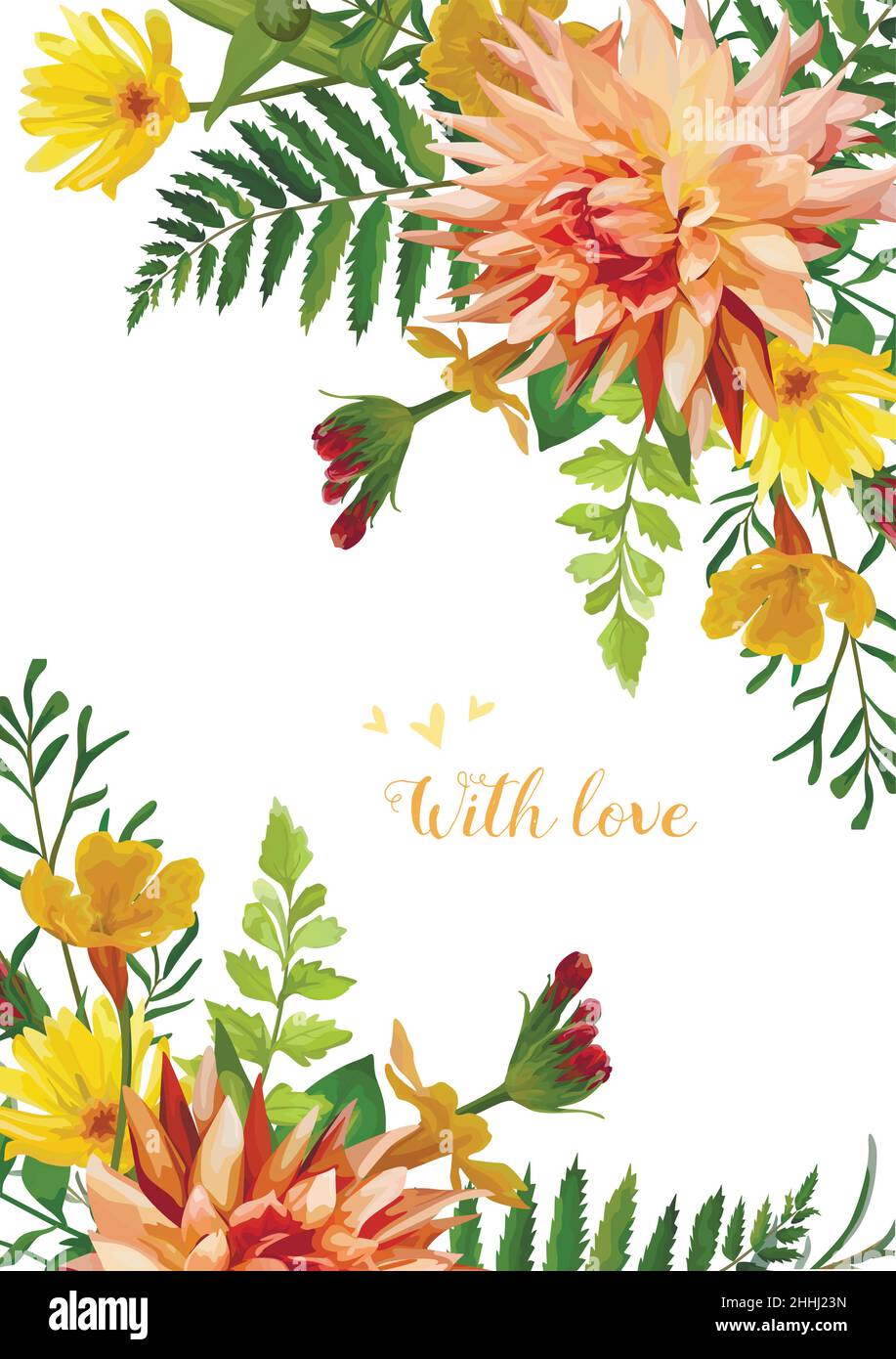Fiore di vettore scheda quadrato design. Giallo Calendula Giardino Primula rosso arancio fiori Dahlia foresta verde felce foglie di piante. Saluto elegante wedding Illustrazione Vettoriale