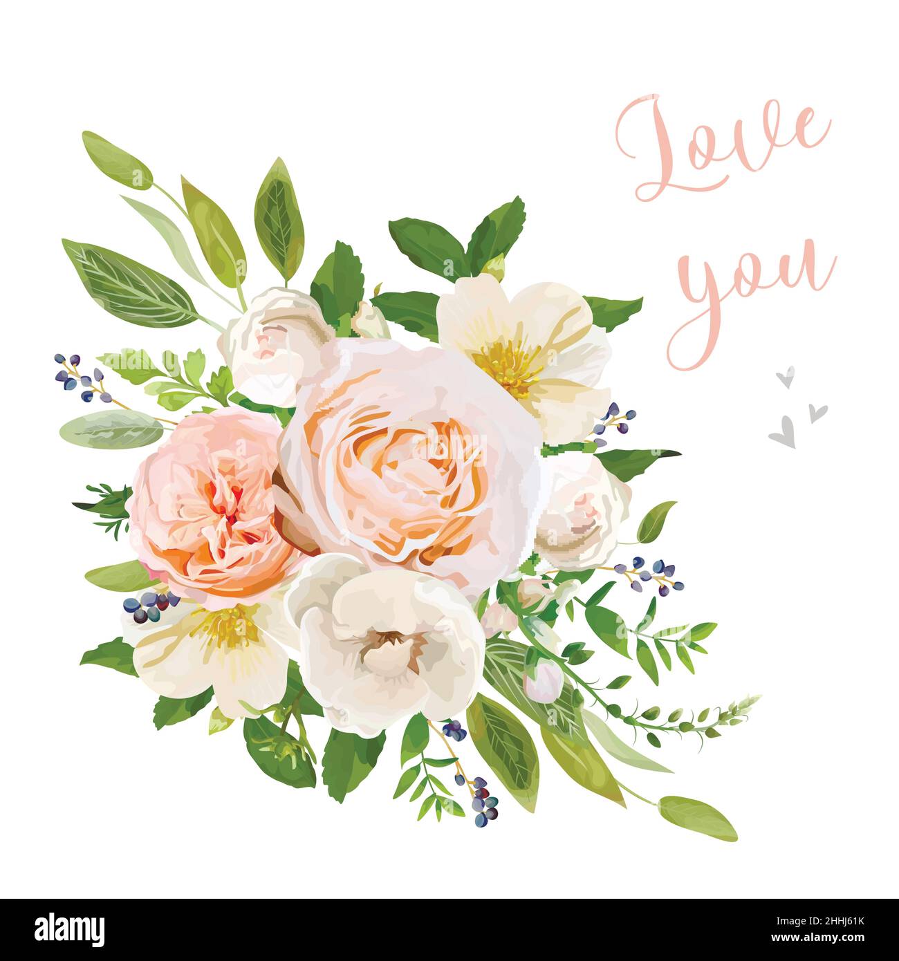 Fiore Bouquet vettore disegno oggetto elemento. Pesca, rosa rosa, camellia bianca, foglie di salvia d'argento, mix di erbe di bacche blu privet. Saluto bella flora Illustrazione Vettoriale