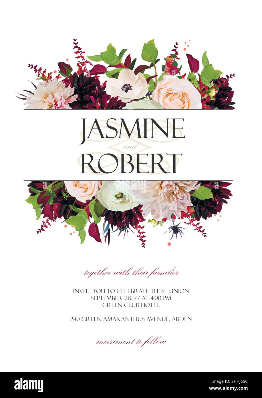 Wedding Invitation Card Design: Rose Anemone Dahlia fiore cardo pianta foglia bouquet cornice corona bordo. Giardino floreale vector anniversario Illustrazione Vettoriale