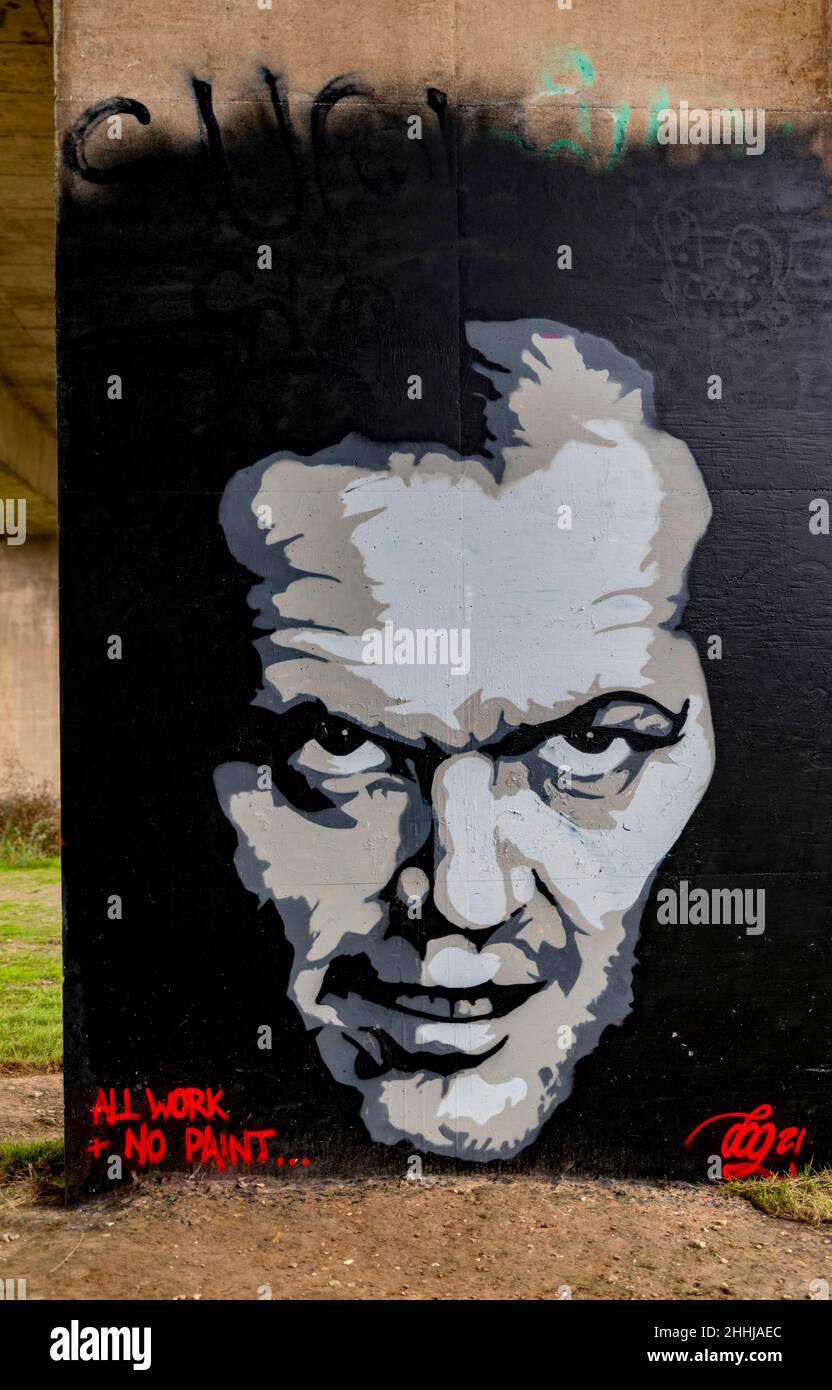 Street Art, Jack Nicholson, Jack Torrance 'The Shining' 'Dogz' sul sottopassaggio del ponte A30 a Hayle, Cornovaglia, Regno Unito Foto Stock