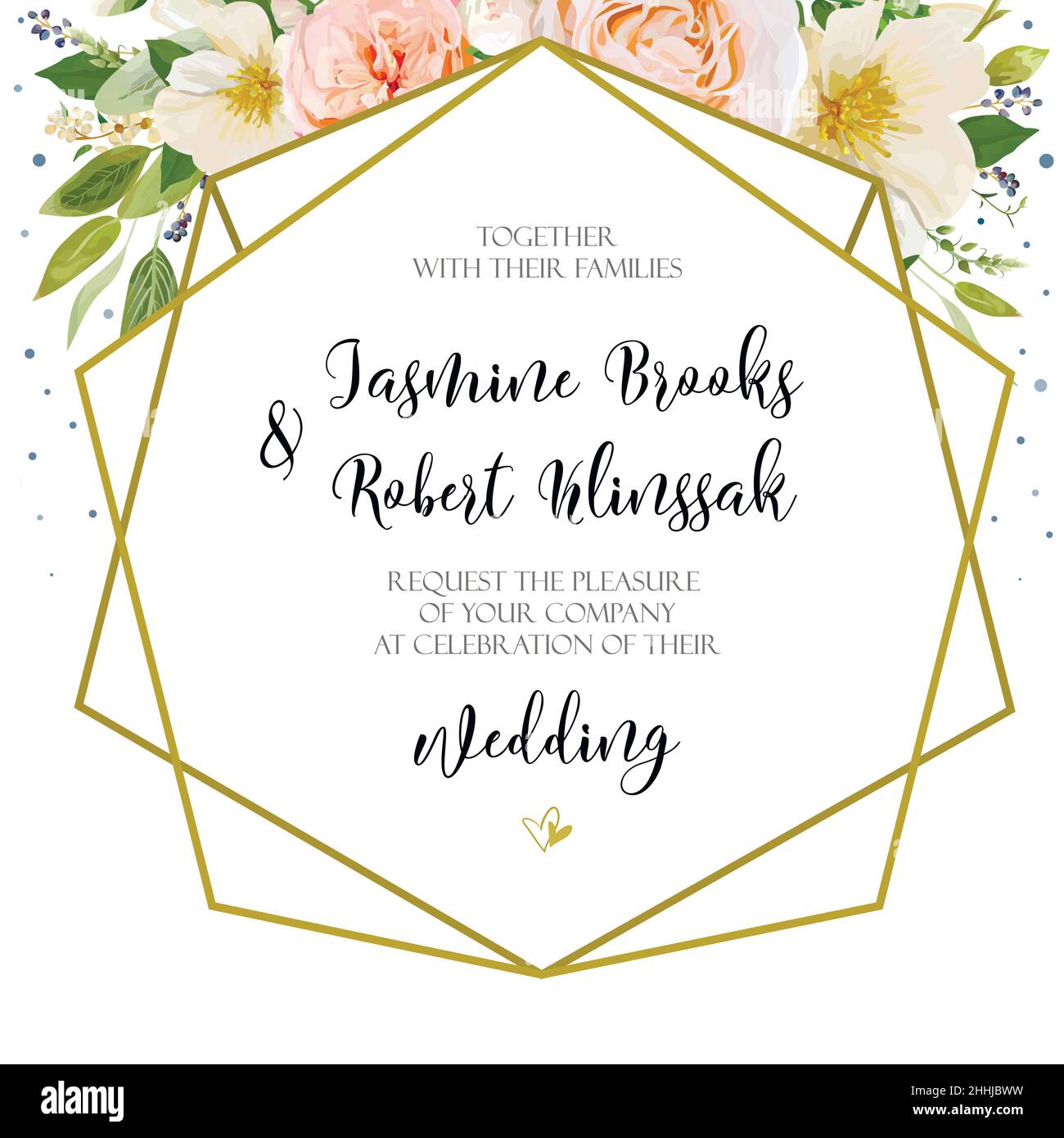 Invito al matrimonio, carta di invito Design con rosa pesca rosa fiore rosa magnolia camellia fiori bianchi privet blu bacche, argento foglia di salvia bouquet Illustrazione Vettoriale