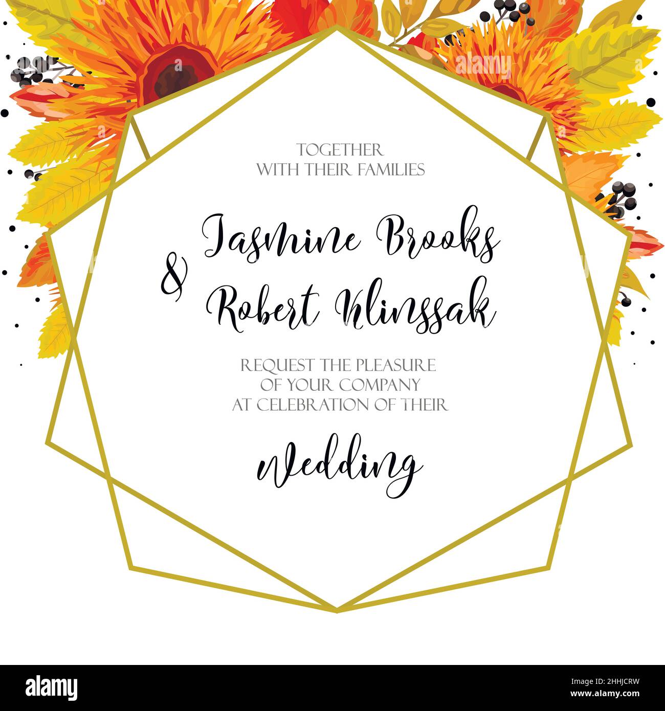Invito di nozze, carta di invito Design con arancio luminoso gerbera autunno fiore caduta rosso giallo foresta albero foglie privet nero bacca rowan frassino foglia b Illustrazione Vettoriale