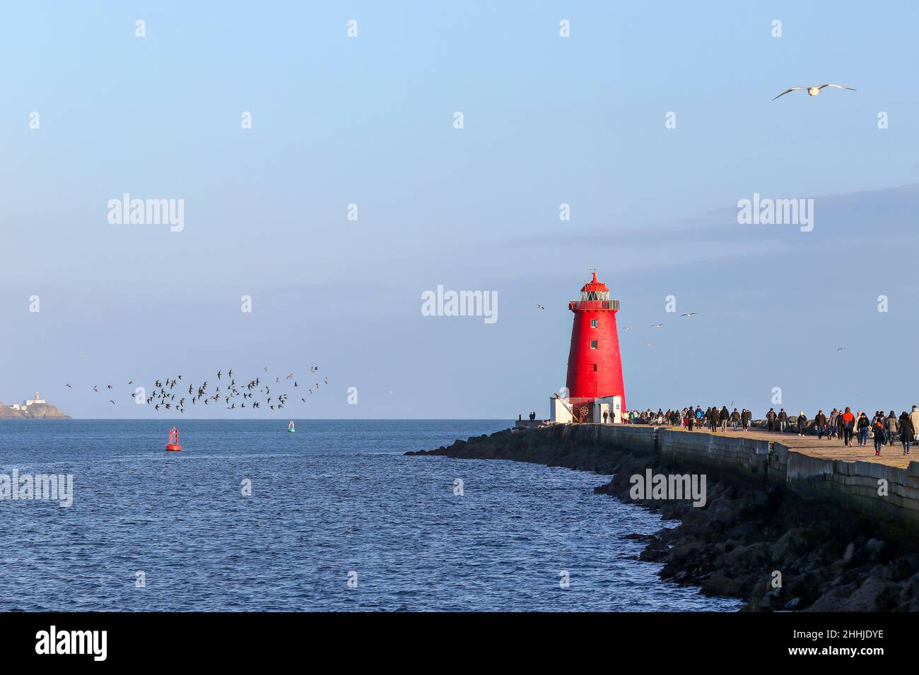 La gente gode di camminare lungo il Muro Sud al faro rosso di Poolbeg. Attività di svago sana, costa irlandese. Uccelli che volano in lontananza. Dublino, Irlanda Foto Stock