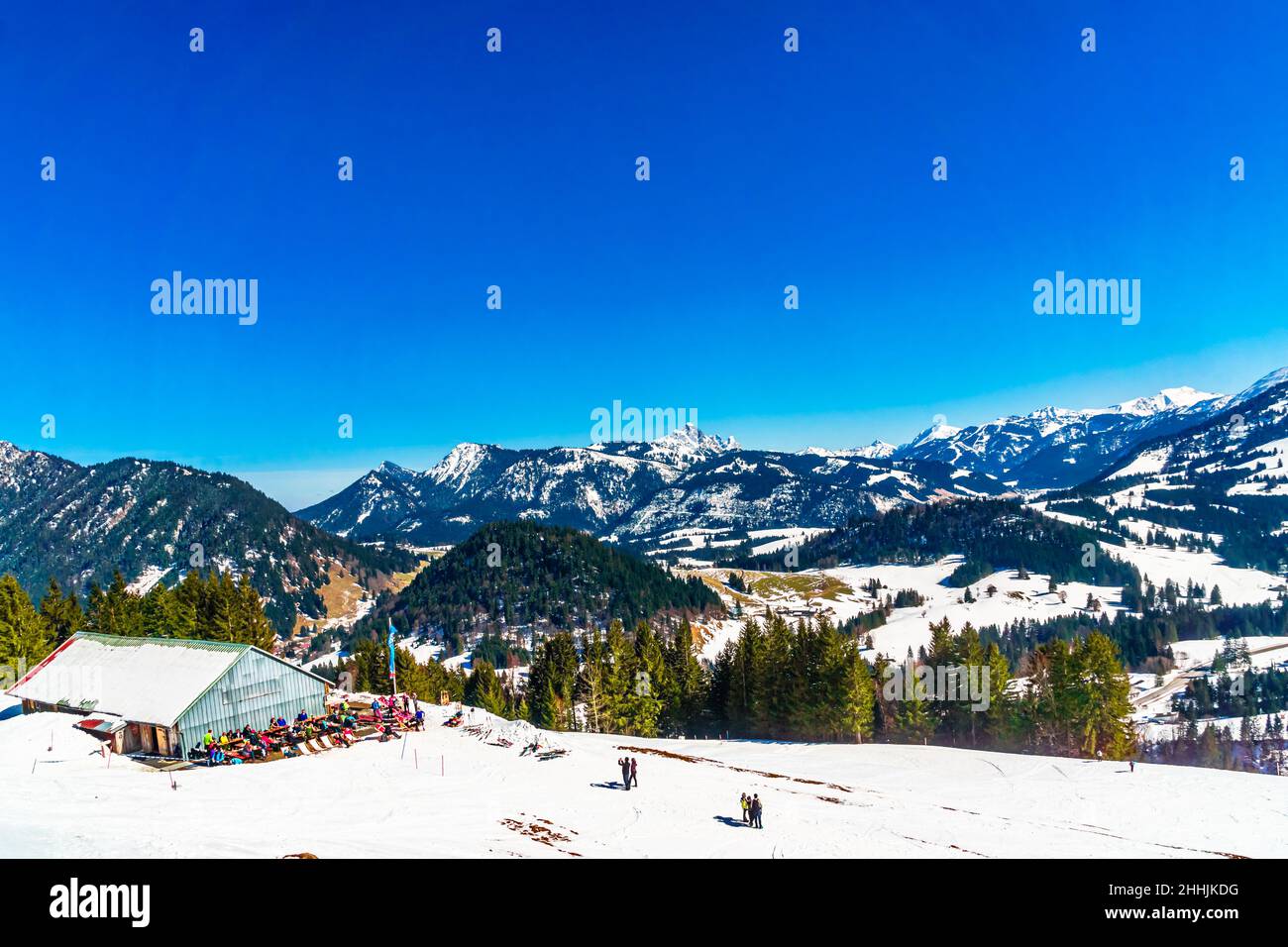 Capanna alpina chiamata Ochenslpe nelle alpi della Bavarina vicino a Bad Hindelang Foto Stock
