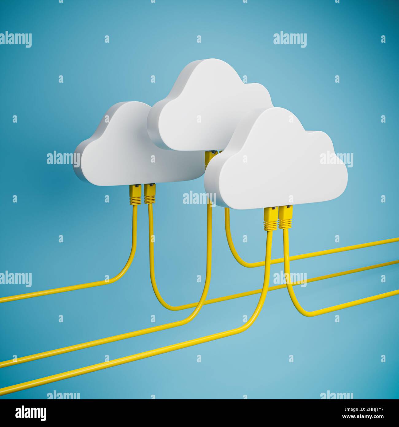 Concetto di cloud computing: Tre cloud con cavi Ethernet collegati. Sfondo blu. Foto Stock