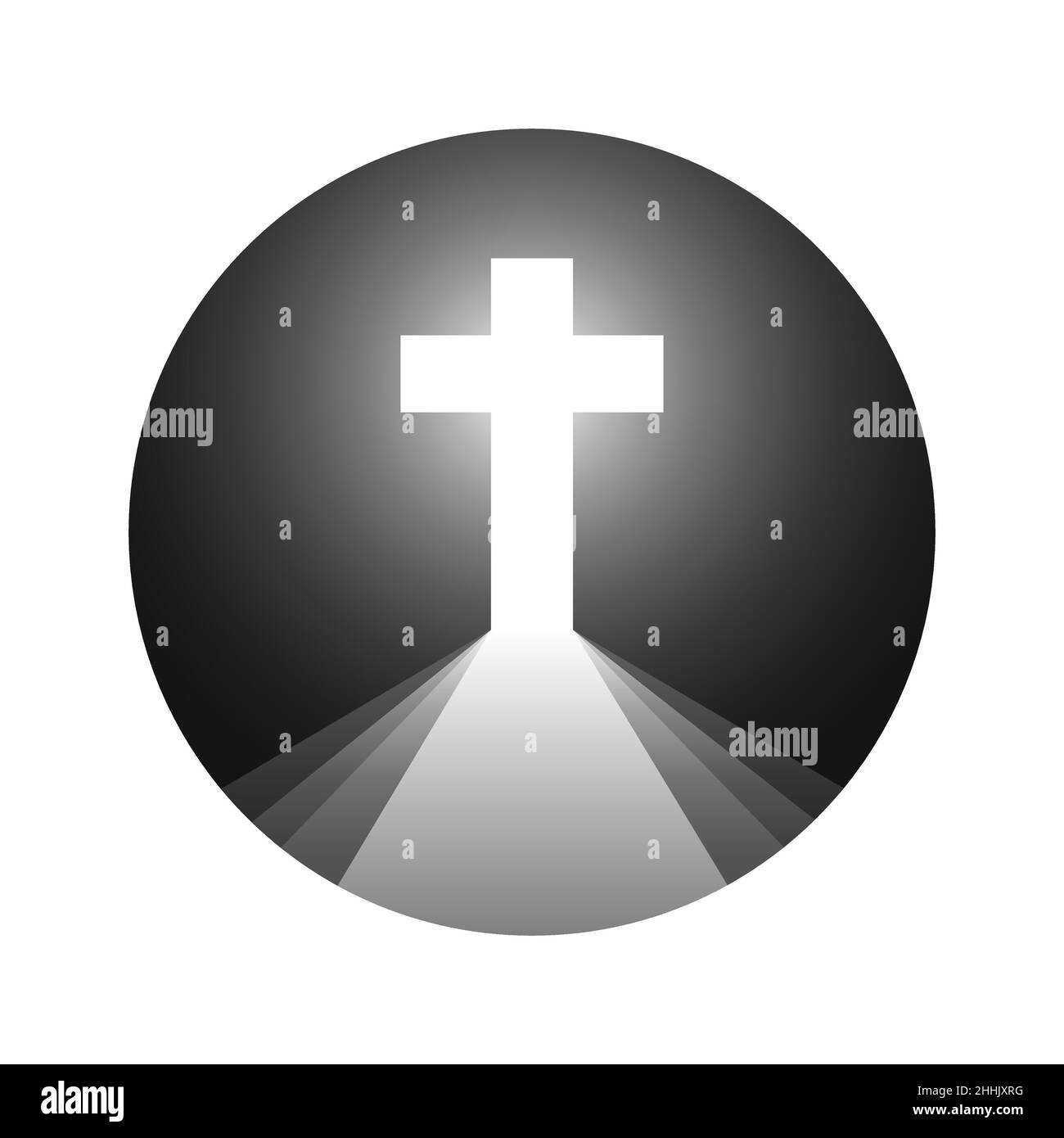 Croce cristiana bianca, come l'unica via d'uscita. Illustrazione vettoriale. Silhouette di croce cristiana su bottone rotondo nero. Illustrazione Vettoriale