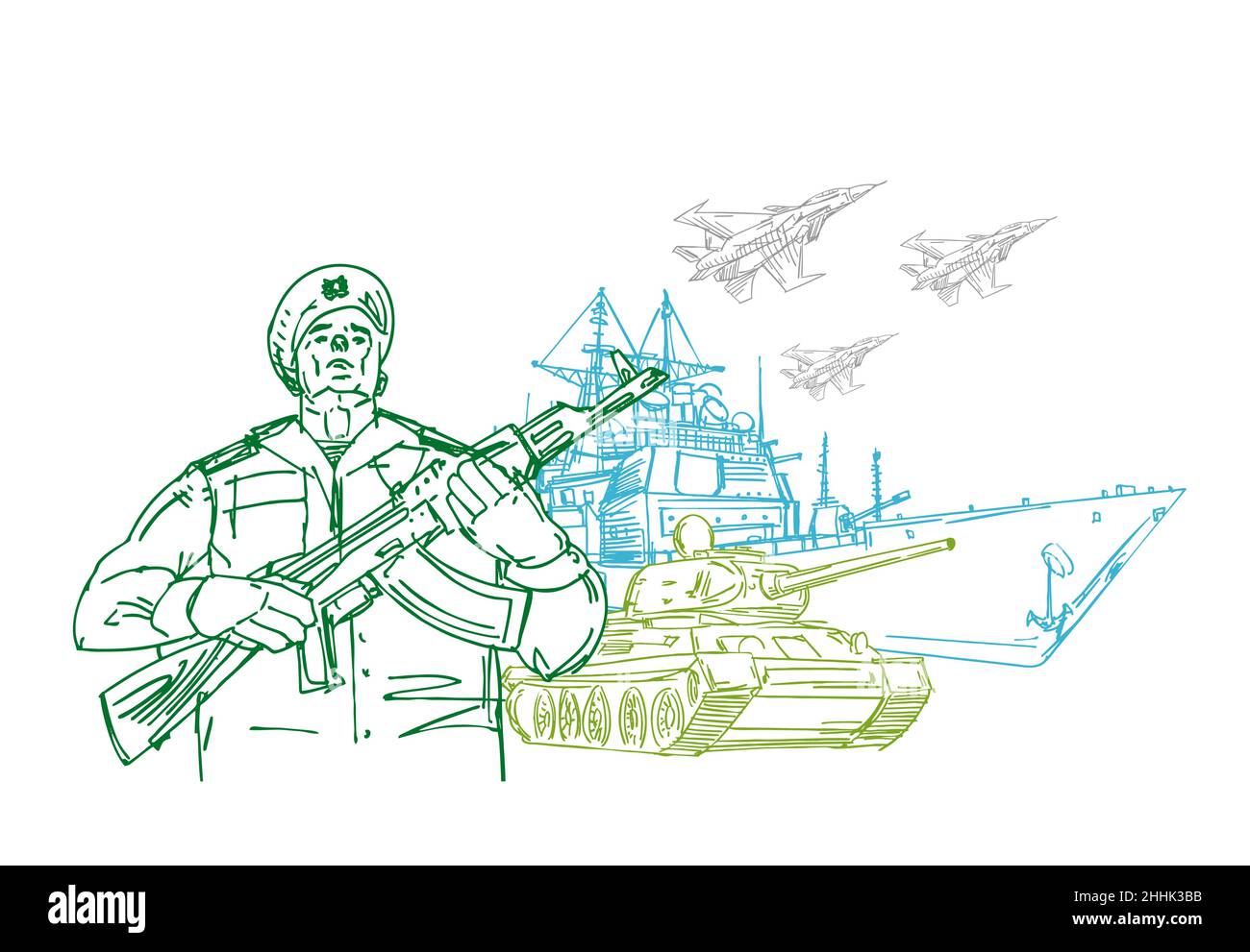 Soldato e carri armati e disegno a mano dell'aereo. Febbraio 23. Difensori della Giornata della Patria. Cartolina vacanza militare in Russia. Illustrazione Vettoriale