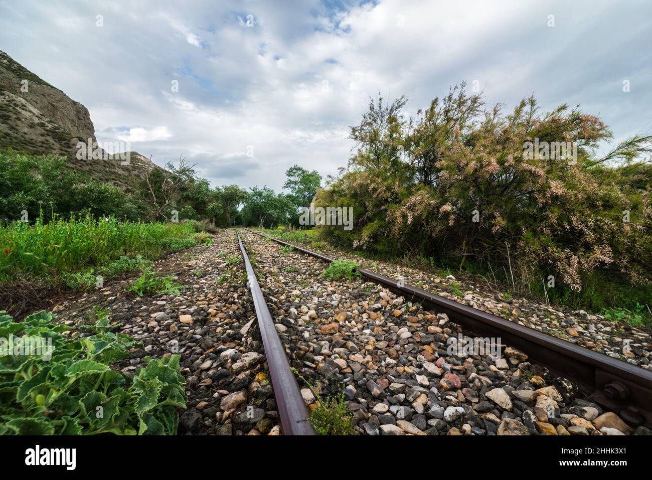 Ferrovia diritta che attraversa il paesaggio rurale erboso e le alte colline sotto il cielo nuvoloso Foto Stock