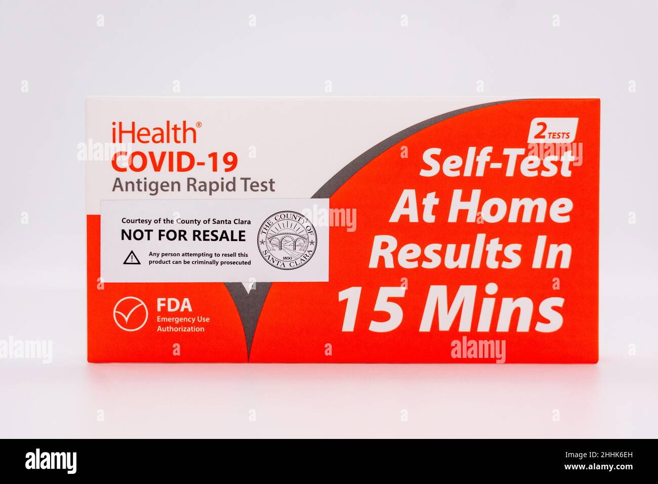 Confezione di kit per test rapido iHealth Covid-19 Home Antigen distribuito gratuitamente nella contea di Santa Clara. Etichetta di avvertenza non destinata alla rivendita - San Jose, California, U. Foto Stock