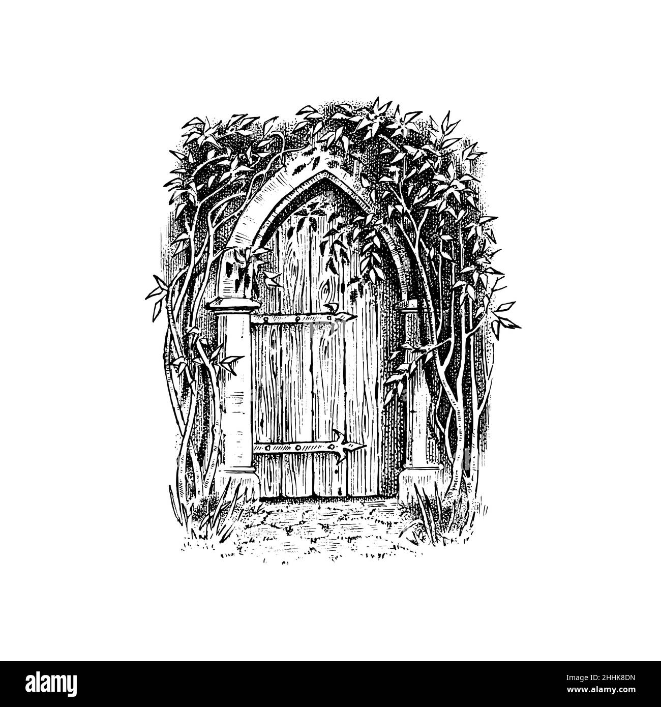 Cancelli o porte o portale. Modello per etichetta vino o alcool. Old Vintage incisione strade frammenti. Parte dell'edificio sullo sfondo di Illustrazione Vettoriale