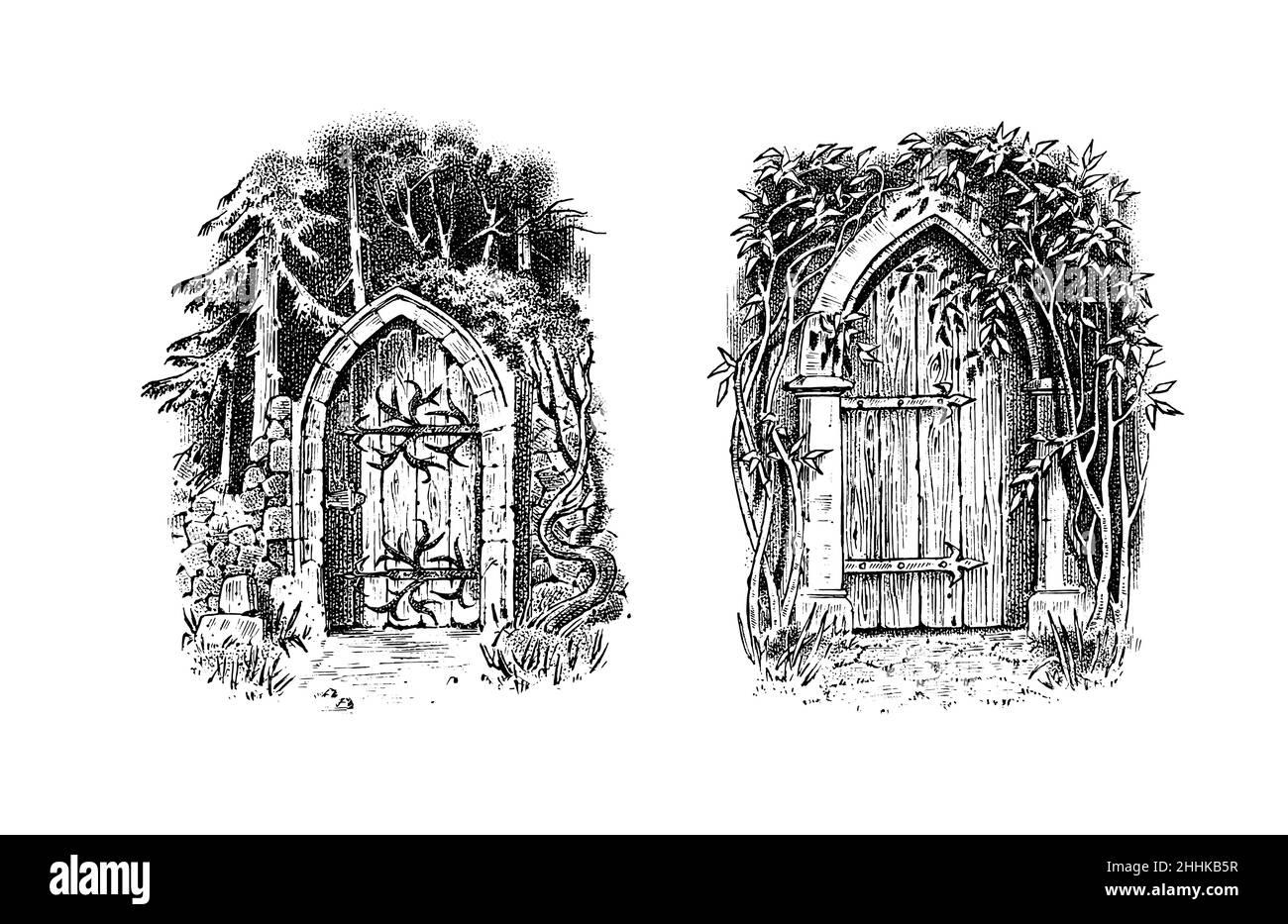 Cancelli o porte o portale. Modello per etichetta vino o alcool. Old Vintage incisione strade frammenti. Parte dell'edificio sullo sfondo di Illustrazione Vettoriale