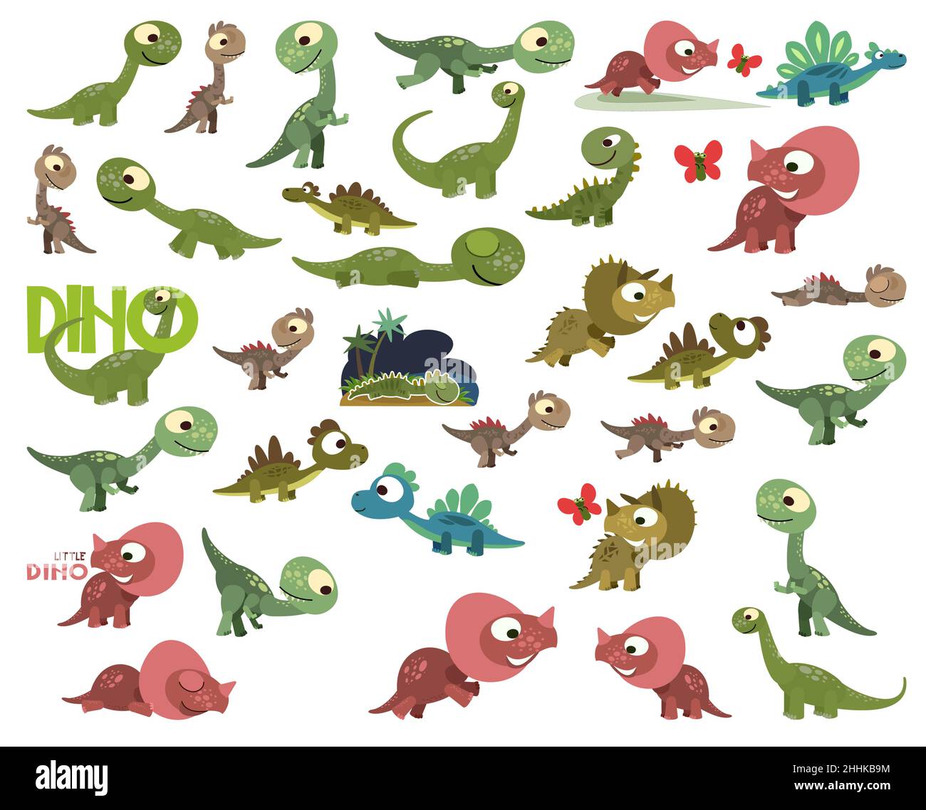 Dinosauri cartoni animati. Giocattoli carini per dinosauri. Bambini personaggi bambino. Grande set. Isolato su sfondo bianco. Vettore Illustrazione Vettoriale