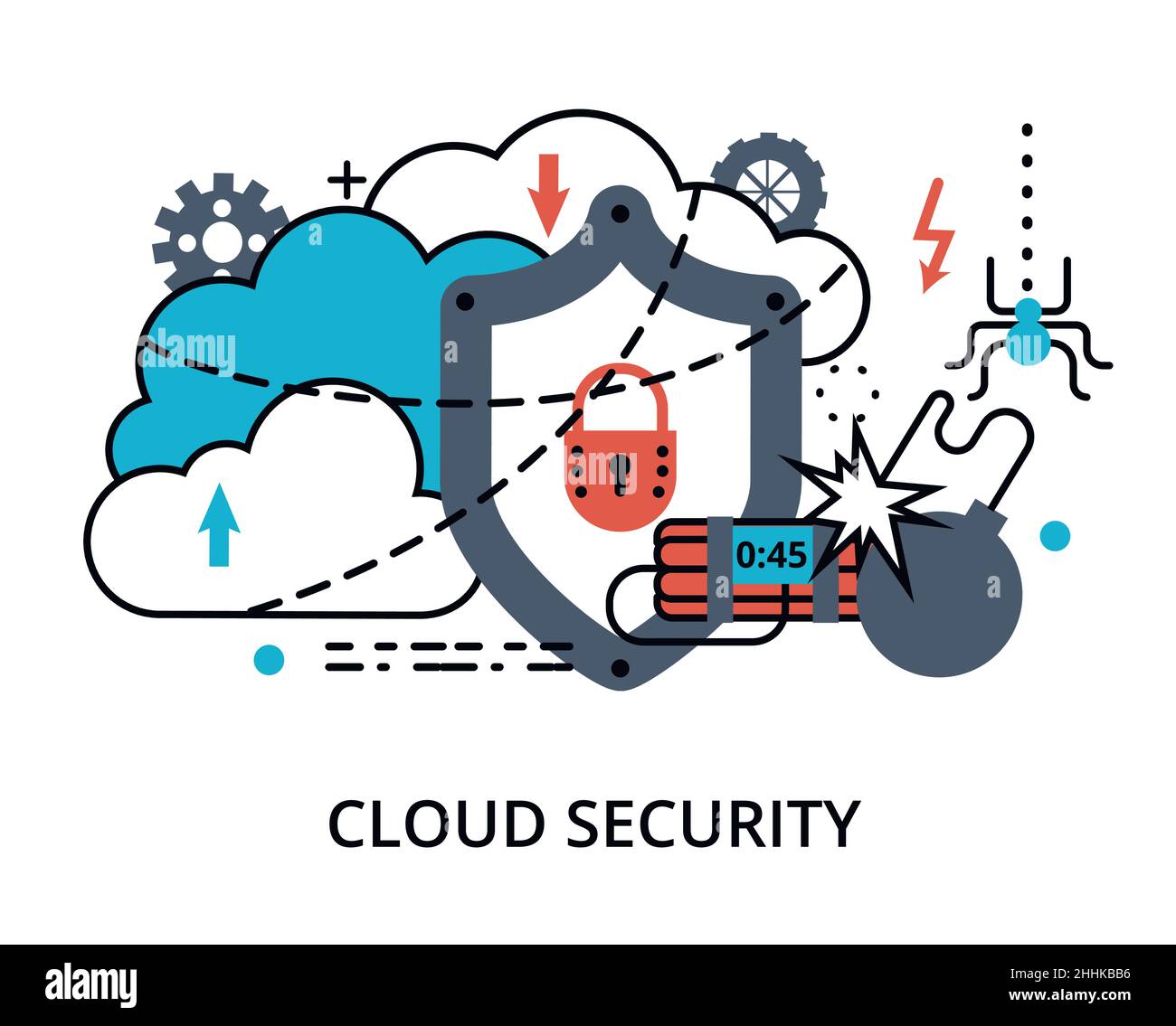 Illustrazione vettoriale di design piatto e moderno, concetto infografico di sicurezza del cloud computing, protezione della rete e pagamenti online sicuri per g Illustrazione Vettoriale