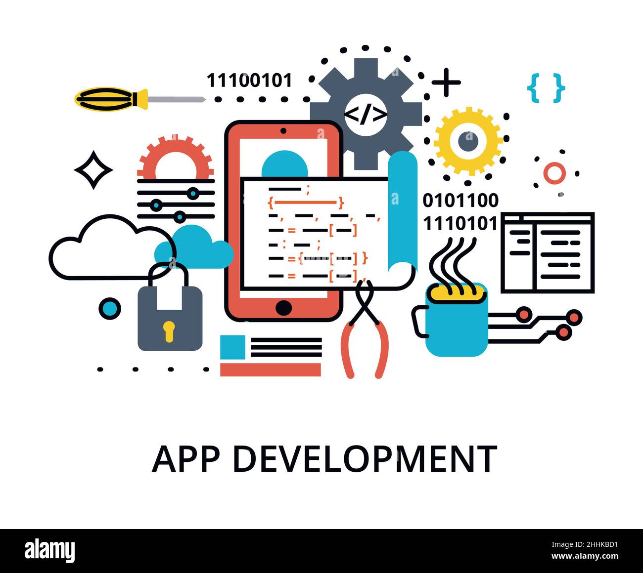 Illustrazione vettoriale di progettazione lineare moderna e modificabile, concetto di programmazione, software di sviluppo e processo di codifica, per grafica e web design Illustrazione Vettoriale