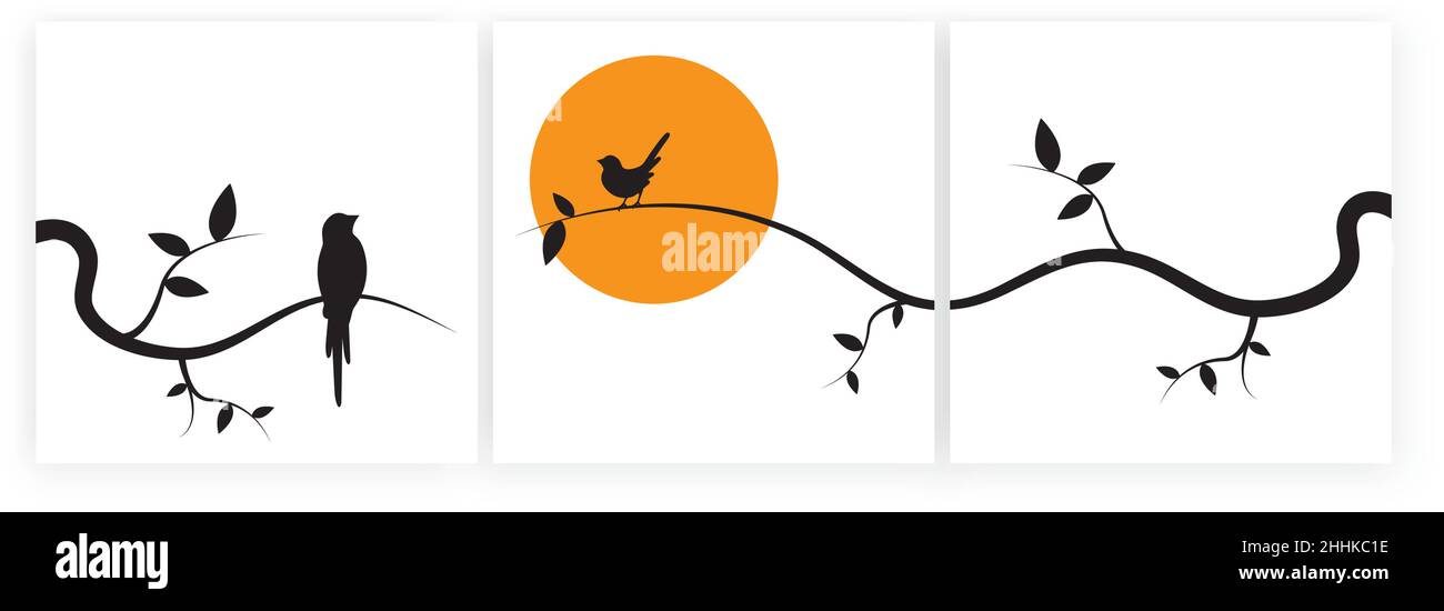 Uccelli sul ramo al tramonto, vettore. Design minimalista in tre pezzi. Immagini di silhouette di uccelli isolate su sfondo bianco. Arte da parete, a Illustrazione Vettoriale