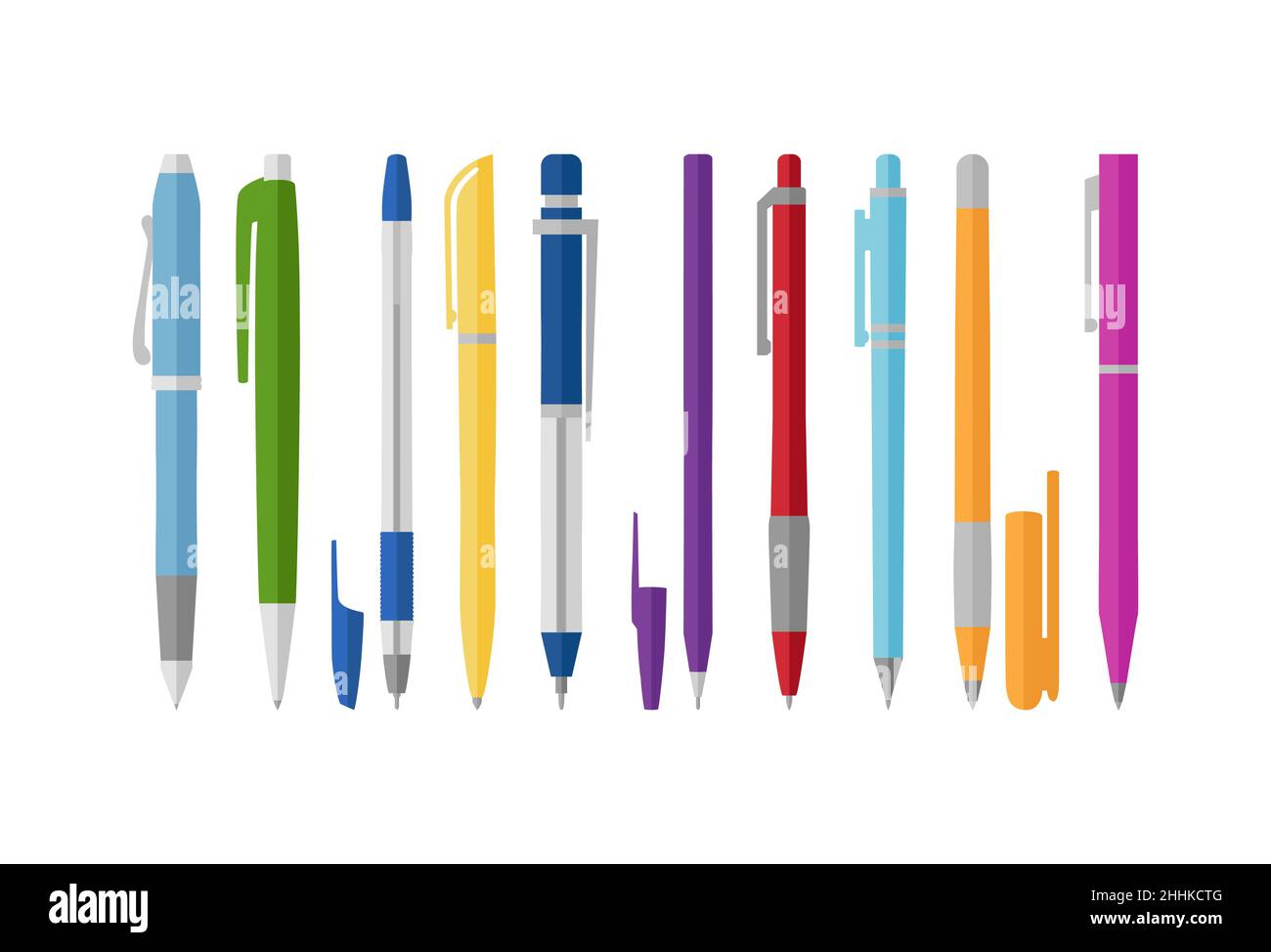 Collezione di penne diverse, stile piatto, illustrazione vettoriale Illustrazione Vettoriale