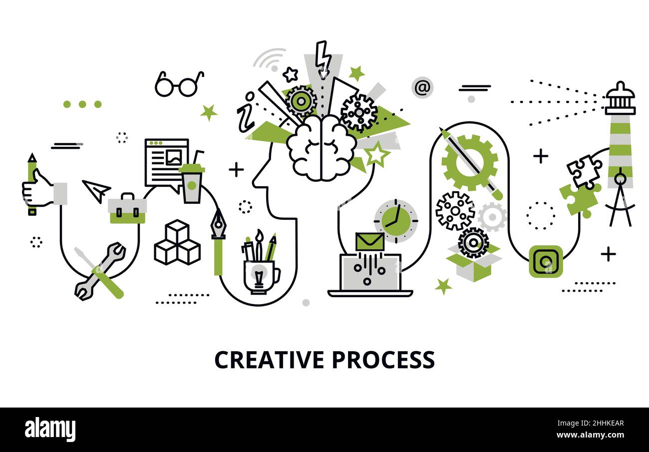 Moderno disegno piano sottile illustrazione vettoriale, concetto di processo creativo, definizione e ricerca problema, per grafica e web design Illustrazione Vettoriale