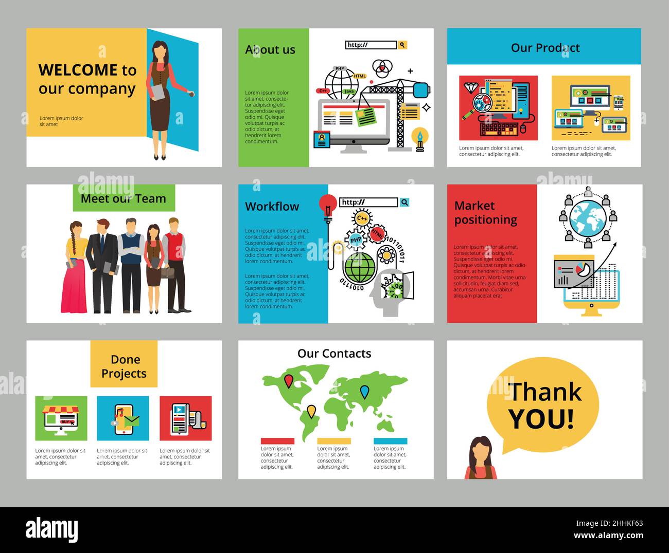 Presentazione aziendale. Moderne composizioni ed elementi flat line per infografica, volantini, diapositive, banner e web design Illustrazione Vettoriale
