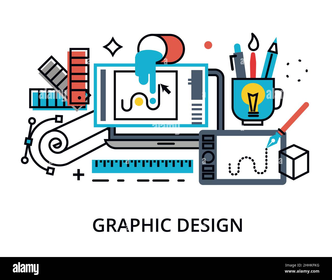 Illustrazione vettoriale di progettazione piatta e sottile, concetto infografico di progettazione grafica, elementi e strumenti di progettazione e processo di sviluppo del design, per Illustrazione Vettoriale