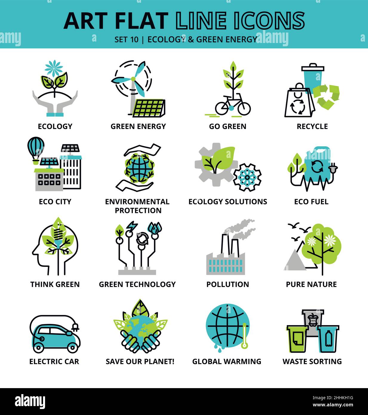 Set di icone ecologiche per grafica e web design, illustrazione vettoriale a linea piatta Illustrazione Vettoriale