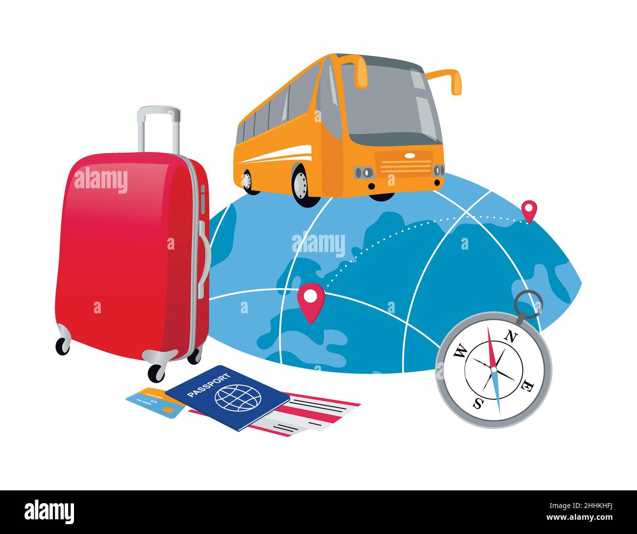 Concetto di viaggiare in giro per il mondo su un autobus, viaggio e viaggio in altri paesi, 3D isometric vettore illustrazione per grafica e web design Illustrazione Vettoriale