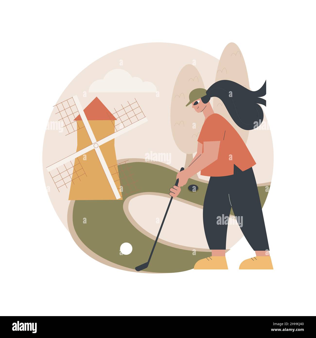 Illustrazione vettoriale del concetto astratto di golf. Campionato del mondo di mini golf, ricreazione all'aperto, torneo di club country, noleggio attrezzatura, servizio di addestramento personale, stile di vita attivo metafora astratta. Illustrazione Vettoriale