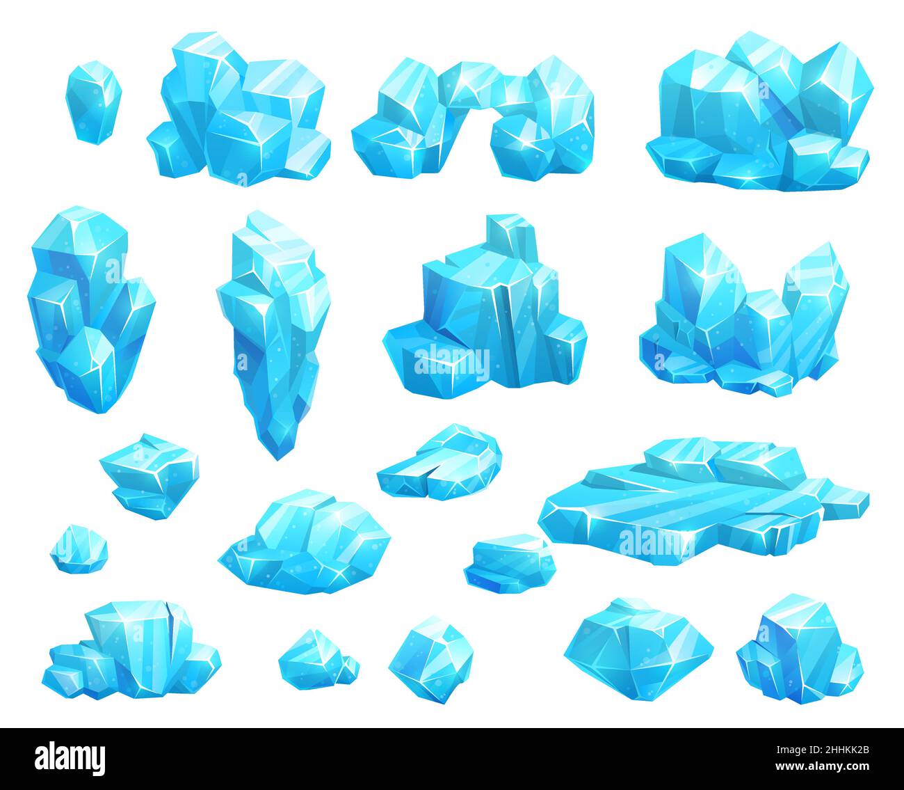 Cartoon ghiacciato cristalli e ghiaccioli, blocchi e iceberg, pietre magiche gioco asset. Galleggianti ghiacciati blu vettoriali, sali minerali o stalagmiti rupestri. Tappi Illustrazione Vettoriale