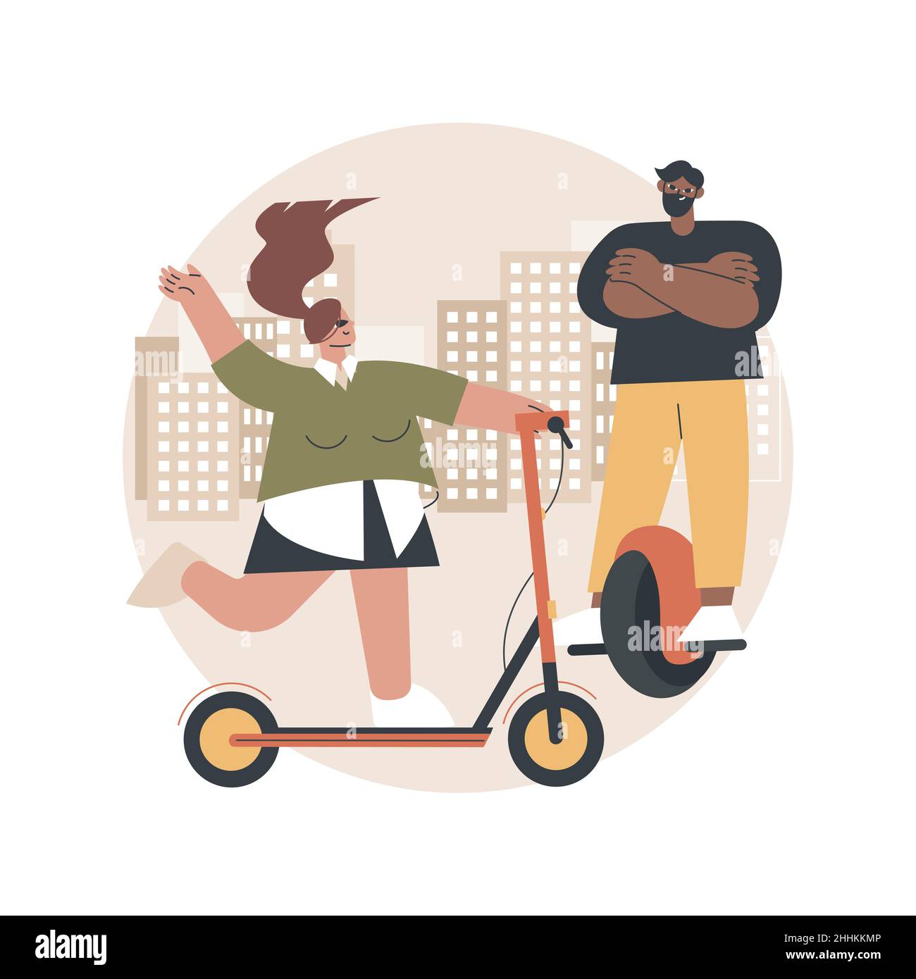 Illustrazione vettoriale del concetto astratto del trasporto elettrico urbano. Noleggio bici elettriche, escooter eskateboard utilizzando, stile di vita moderna della città, mobilità urbana, trasporto sostenibile metafora astratta. Illustrazione Vettoriale