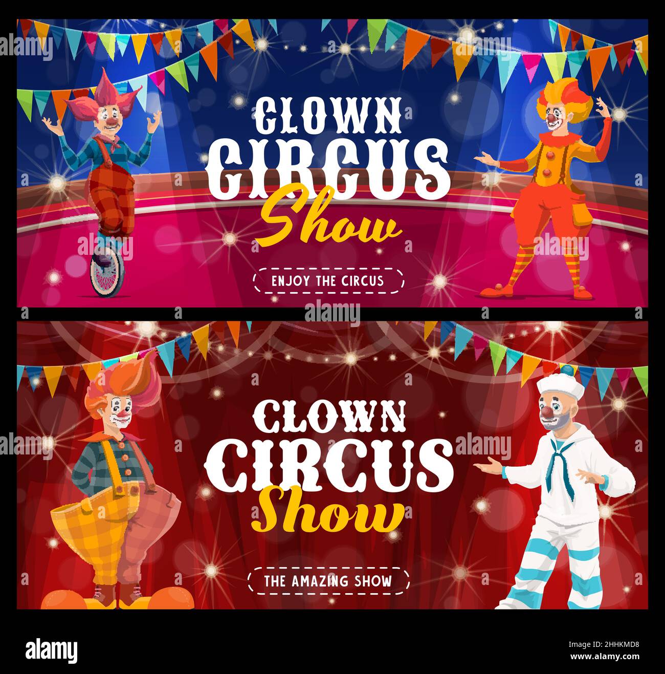 Shapito circo cartoni animati e jester sul palco del carnevale. Personaggi clown vettoriali, comici o arlequins con trucco divertente, rosso Illustrazione Vettoriale