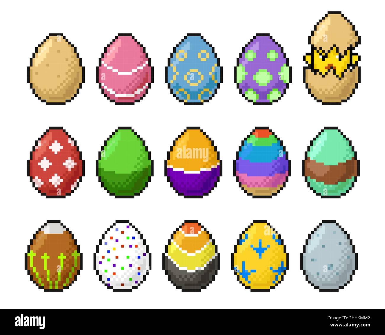 8bit pixel arte felice pasqua uova e pollo icone. Giochi arcade retrò oggetti set, uova e pollo cova icone vettoriali con pixel cubici, colorato Illustrazione Vettoriale