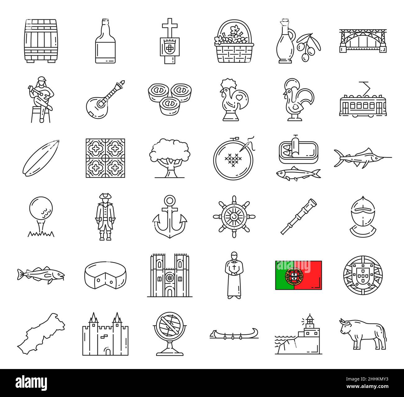 Icone e simboli nazionali dei viaggi in Portogallo. Vettore bandiera portoghese, carta e stemma, tram e castello di Lisbona, ponte di Porto e vino porto, Illustrazione Vettoriale
