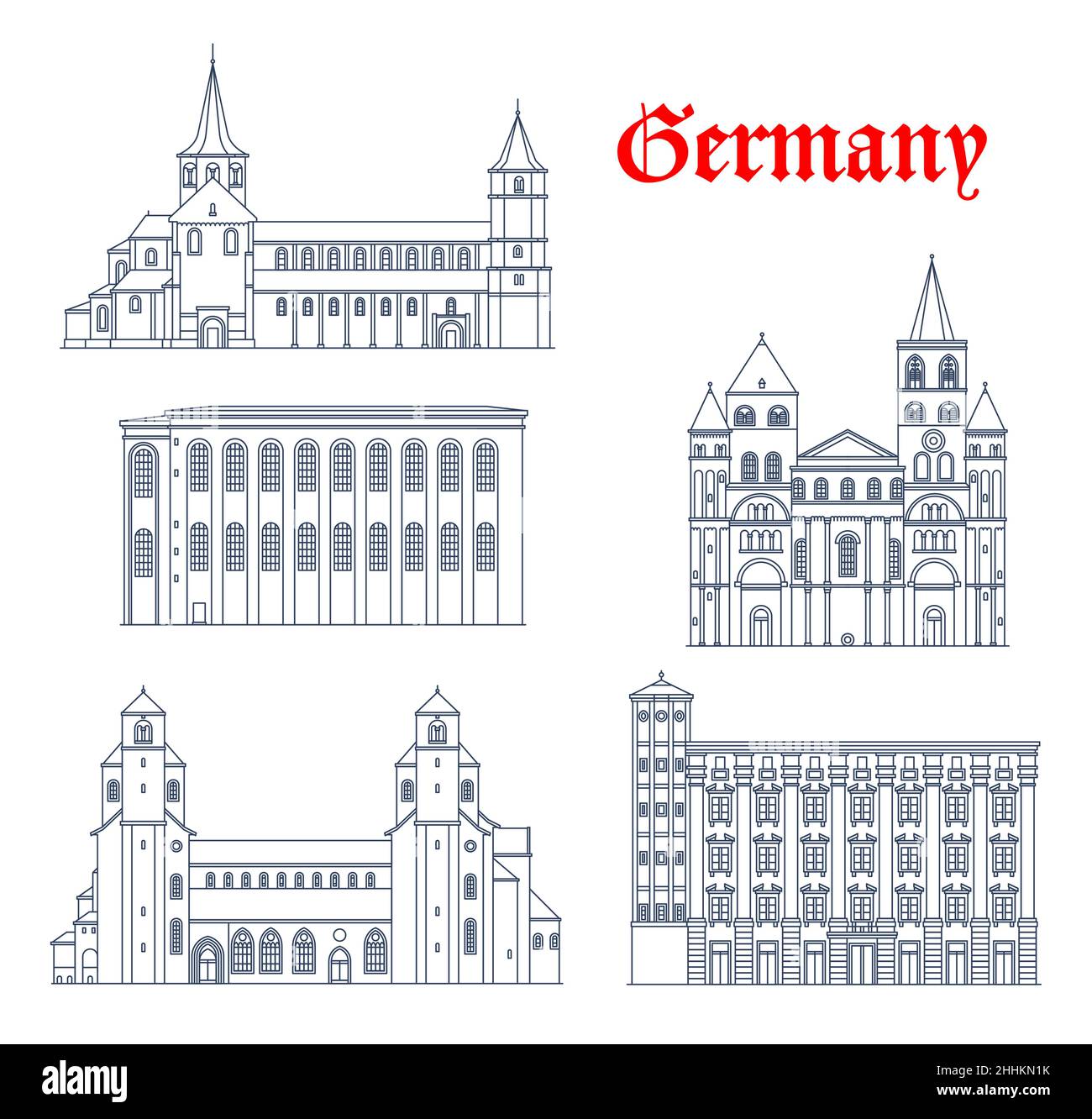 Germania architettura vettoriale di Trier, Hildesheim e Linz, viaggio edifici di riferimento. Liebfrauenkirche e la chiesa di San Godehard a Hildesheim, Chiesa di Illustrazione Vettoriale