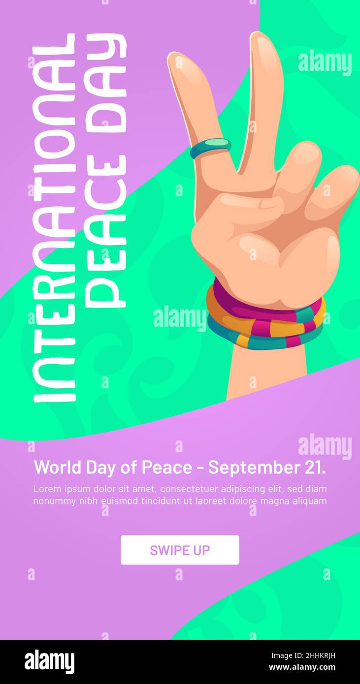 Il poster della giornata internazionale della pace con la mano mostra il V gesto. Bandiera vettoriale della giornata globale per la libertà, il mondo pacifico e contro la guerra. Modello di social media con cartoon a mano con due dita Illustrazione Vettoriale