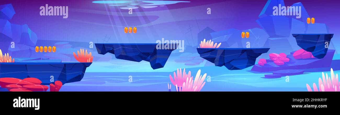 Sfondo del livello di gioco con piattaforme subacquee in mare. Interfaccia vettoriale 2D del gioco arcade con illustrazione cartoon del paesaggio del fondo dell'oceano con le piante marine e le navi sunken rotte Illustrazione Vettoriale Sfondo del livello di gioco con piattaforme subacquee in mare. Interfaccia vettoriale 2D del gioco arcade con illustrazione cartoon del paesaggio del fondo dell'oceano con le piante marine e le navi sunken rotte Illustrazione Vettoriale