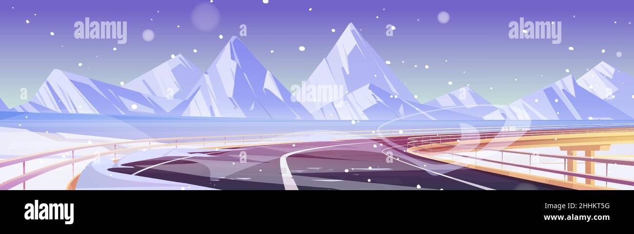Strada di cavalcavia auto, lago ghiacciato, neve e montagne all'orizzonte. Illustrazione vettoriale del paesaggio invernale con ponte autostradale, ghiaccio sul fiume, rocce bianche e nevicate Illustrazione Vettoriale
