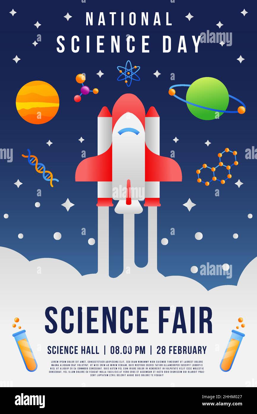 banner poster verticale della giornata nazionale della scienza del gradiente per il modello della fiera della scienza Illustrazione Vettoriale