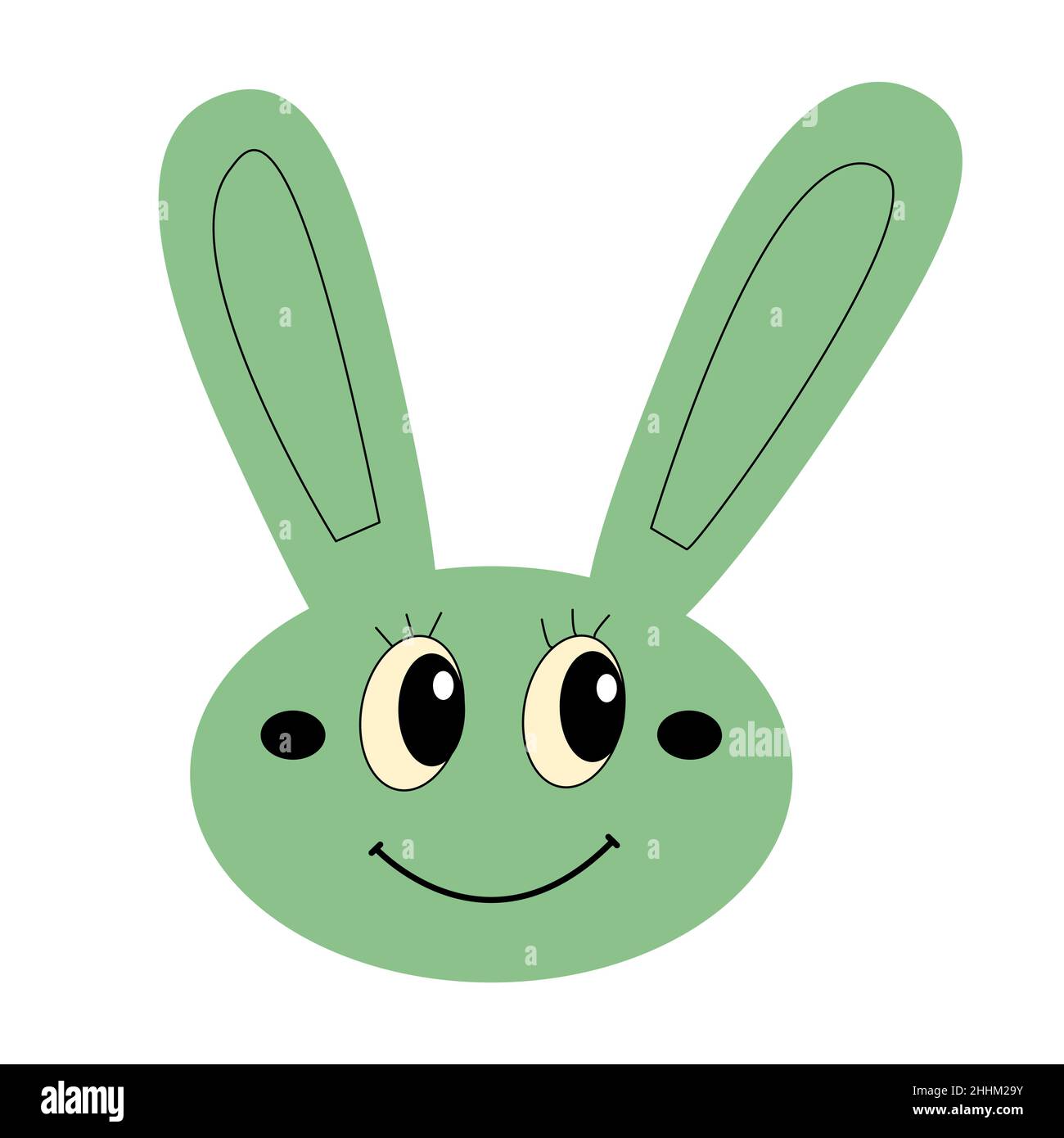 Carino coniglio verde di pasqua sorridente per i bambini partito. Testa di coniglio felice isolato per poster o invito. Lunghe orecchie Illustrazione Vettoriale