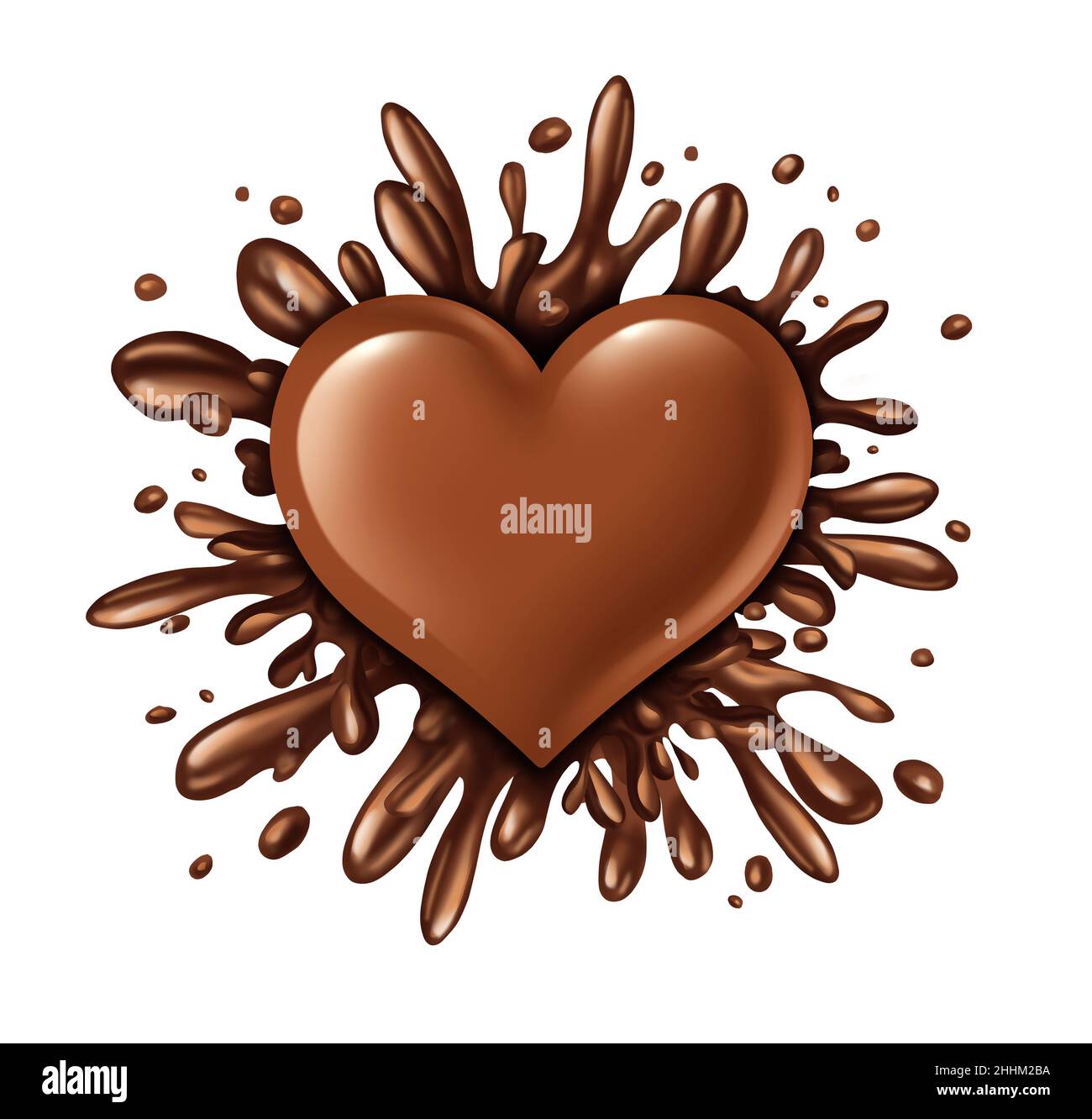 Cioccolato liquido schizzi di cuore con pezzi di caramelle fondenti che esplodono con un soffio di gocce di sciroppo marrone dolce isolato su uno sfondo bianco. Foto Stock