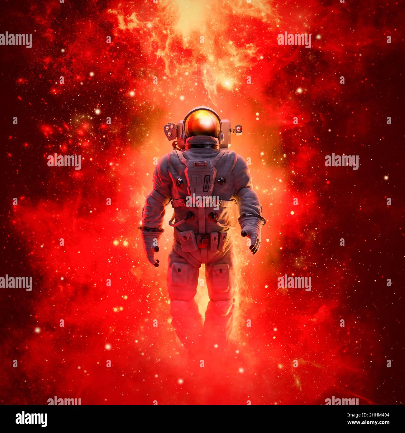 Esplorazione di una galassia di stelle - 3D illustrazione della scena di fantascienza con astronauta che cammina nello spazio esterno in mezzo a galassie colorate incandescenti Foto Stock