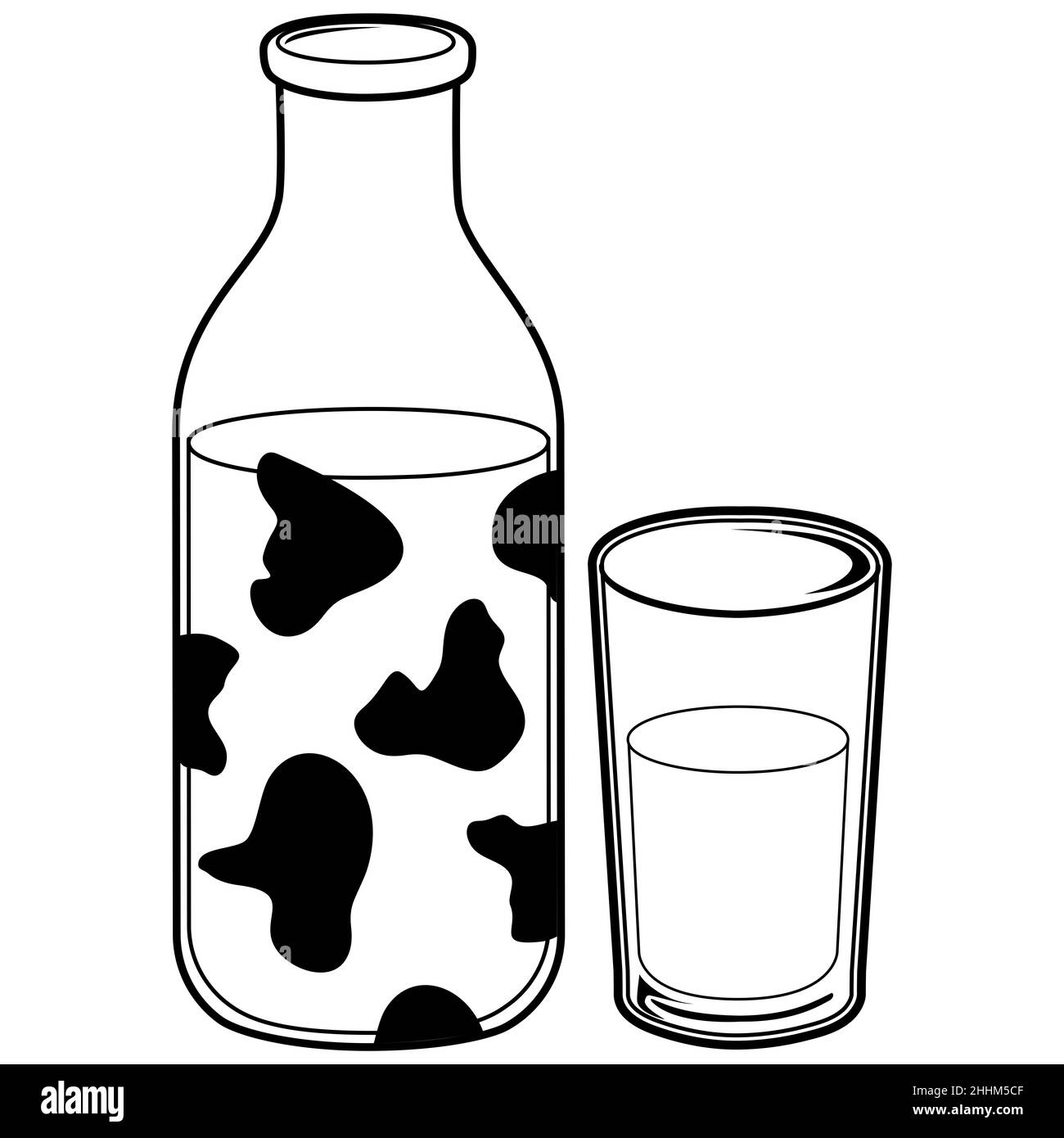 Bottiglia di latte e bicchiere di latte. Pagina da colorare in bianco e  nero Foto stock - Alamy