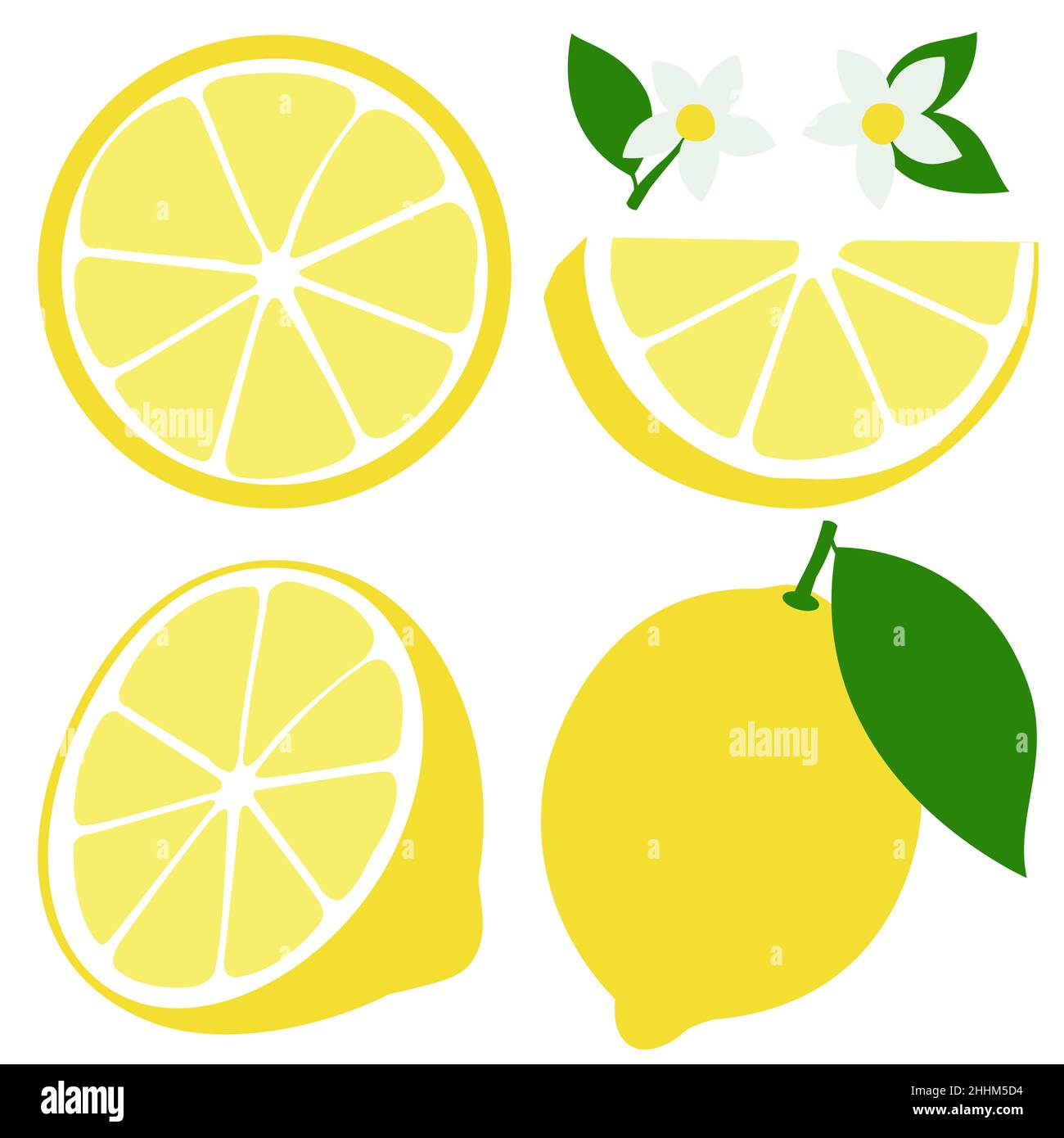 Intero e metà limone a fettine di frutta, fiori di limone e foglie. Foto Stock