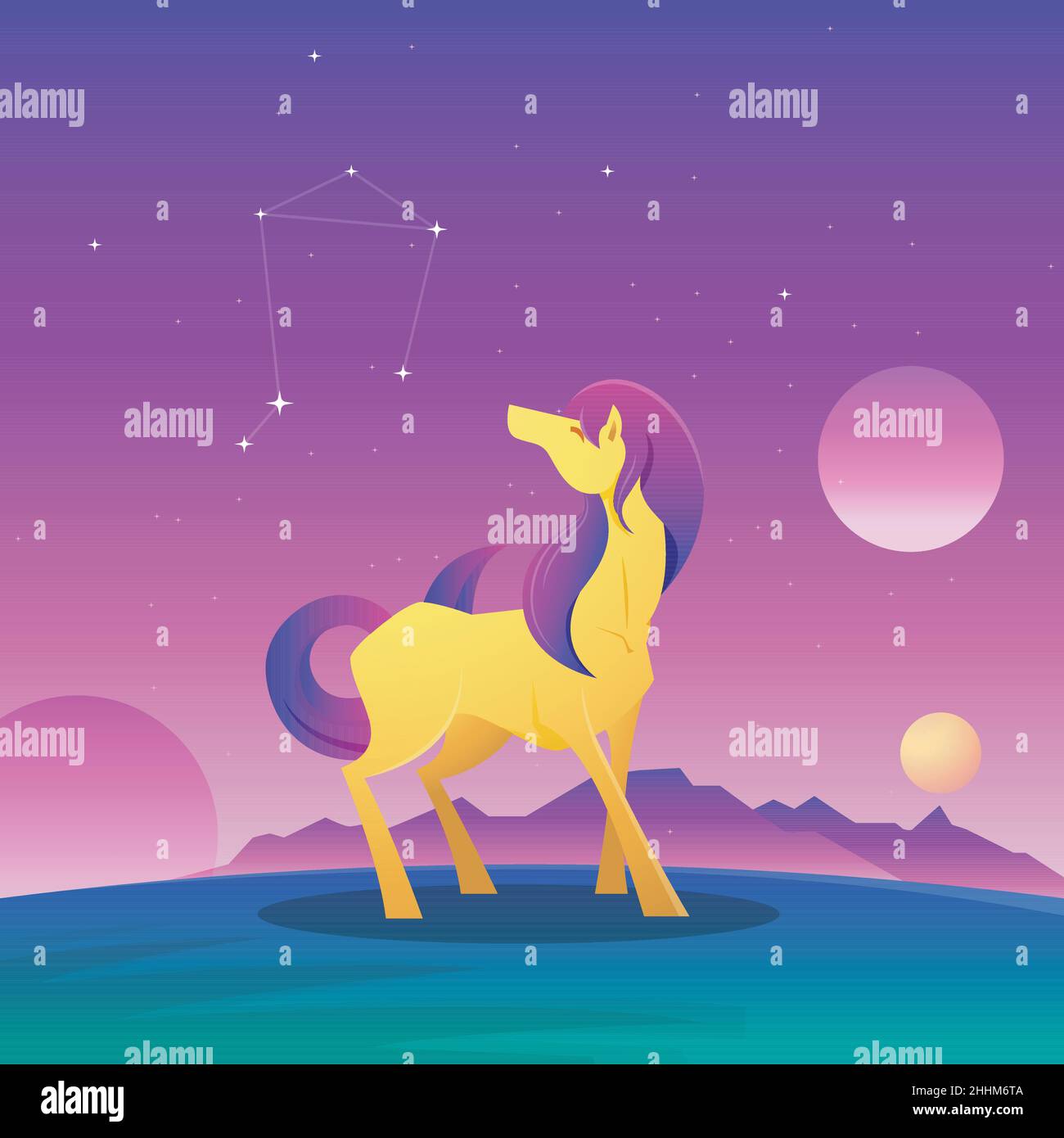 Bella Long Hair Horse Mare in piedi in Space Star Planet Fantasy Illustrazione Illustrazione Vettoriale