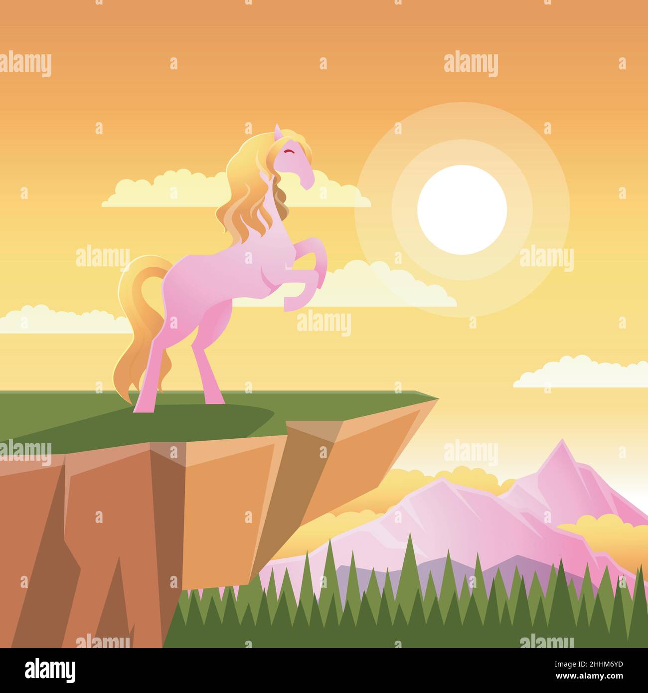 Beautiful Long Hair Horse Mare Prancing on Cliff Morning Sunrise Fantasy Illustration Illustrazione Vettoriale