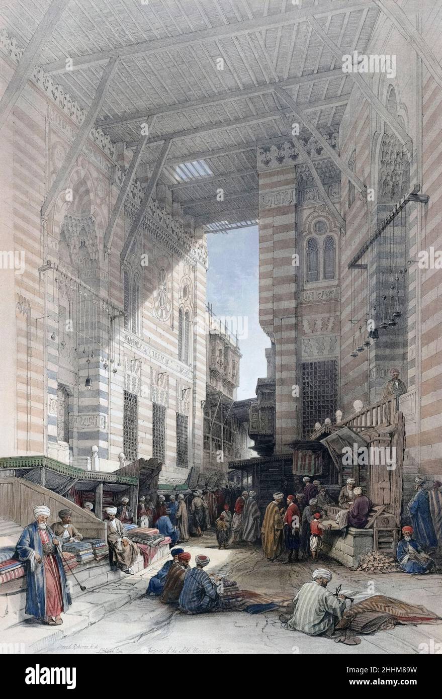 Il Bazaar della Seta-Mercer o El-Ghatreshyeh, il Cairo. Dopo un'opera dell'artista scozzese David Roberts, 1796-1864 e del litografo belga Louis Haghe, 1806-1885. Dal volume 6 della Terra Santa, Siria, Idumea, Arabia, Egitto, E Nubia. I sei volumi sono stati pubblicati tra il 1842 e il 1849. Foto Stock