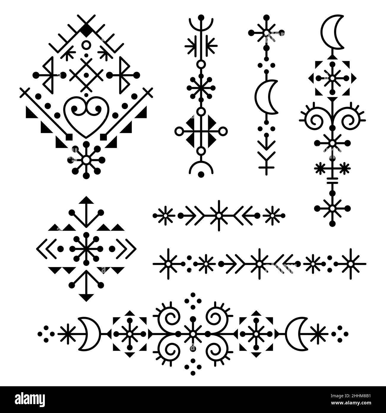 Set di disegni vettoriali geometrici per la linea tribale nordica - quadrati e lunghi con lune e cuori, collezione di motivi ornamentali ispirati al Vikin islandese Illustrazione Vettoriale