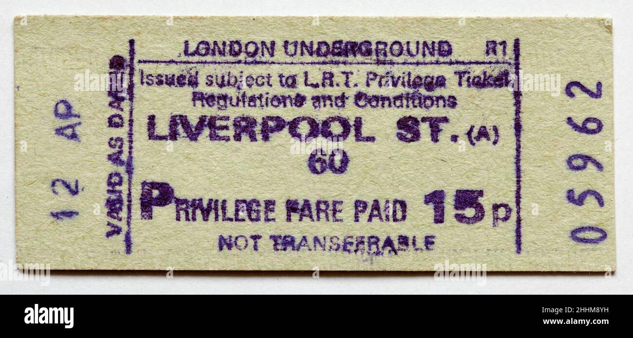 Biglietto vintage 1970s London Underground Railway - Liverpool Street Station Foto Stock