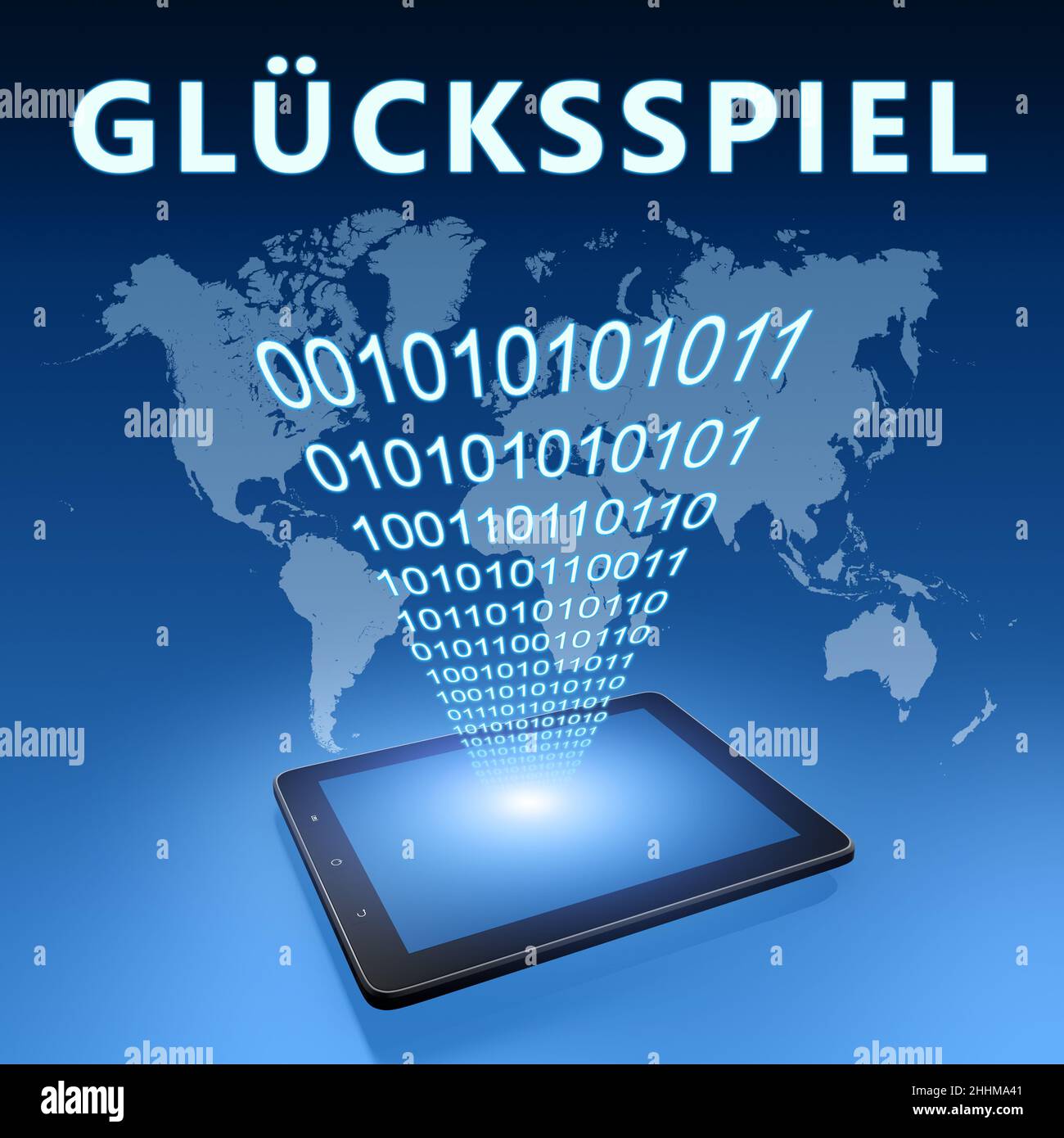 Gluecksspiel - parola tedesca per il gioco d'azzardo o il gioco d'azzardo - testo concetto con computer tablet su sfondo blu mappa wolld - 3D rappresentazione illustrazione. Foto Stock